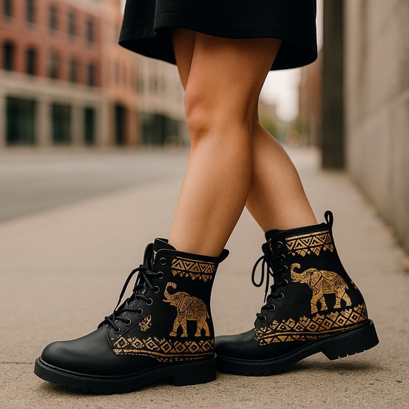 Elephansity Shoes - Unisex Tribal Elephant Boots Vegan Friendly PU Leather Lace Up Waterproof M6 F8
